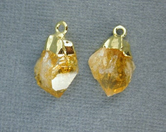 Citrine Point Pendant-- Petite Raw Citrine Charms Pendants with Gold Plated caps-- 1 PAIR (S20B2-02)