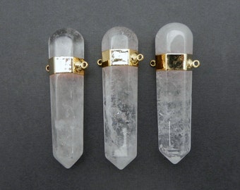 Colgante de punta de cuarzo de cristal: conector colgante de doble asa con borde y asas de oro galvanizado de 24 k (S35B4b-17)