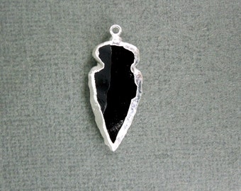 Petite Black Obsidian Arrowhead Pendant Charm Electroplated  Silver also available in gold (S76B1-05) Made in USA
