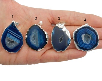 Agate Druzy Half Geode Pendant with Silver Electroplated Edges and Back - YOU CHOOSE - Beautiful Blue Pendant (LOT S-109)