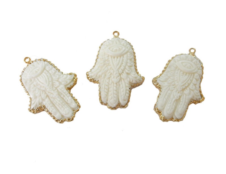 White Bone Hamsa Hand Pendant with Intricate Carved Designed and Electroplated 24k Gold or Silver Edge S28B10-08 Hamsa Hand S98B16-10