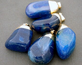 Large Natural Blue Agate Pendant- Tumbled Agate Pendant with Electroplated 24k Gold Cap and Bail (S24B18-02)