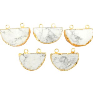 White Howlite Half Moon Double Bail Pendant Connector Edged in Electroplated 24k gold HFMN  (S68B20-01)