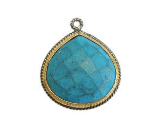 Turquoise Howlite Drop Pendant- 22mm Drop with Gold and Braided Oxidized Sterling Silver Bezel Charm Pendant (S67B8-06)