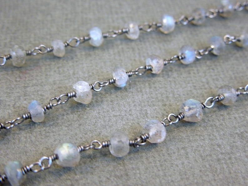 Labrodorite Wire-Wrapped Chain- CHN-306 Rosary style Black Polish Sterling Silver Chain- 10 FEET