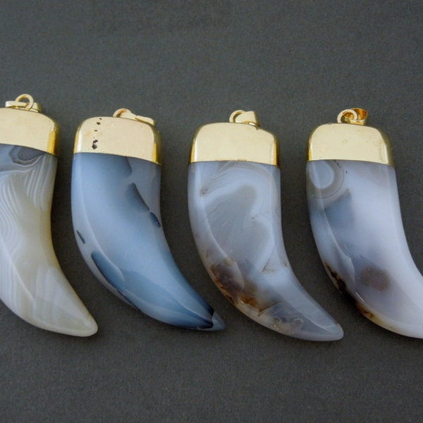 White Lace Agate Horn Pendant with 24k Gold Electroplated Cap and Bail (S51B11-12)