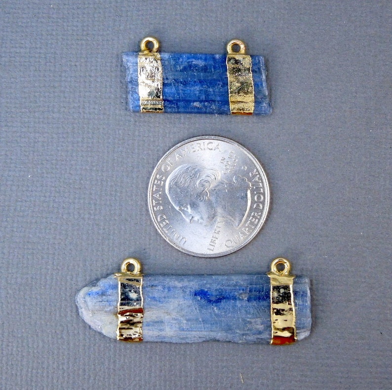 Raw Blue Kyanite Double Bail Pendant Charm with 24k Gold Electroplated Bands S2B10-08 image 4