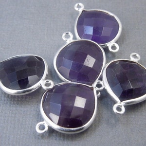 Amethyst Gemstone Connector- Amethyst Station Drop Connector - 15mm Sterling Silver Bezel Link - Double Bail Charm Pendant (WF-19)