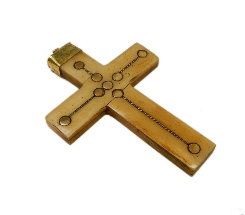 Large Bone Cross Pendant With Brass Dotted Accents and Brass Cap and ...