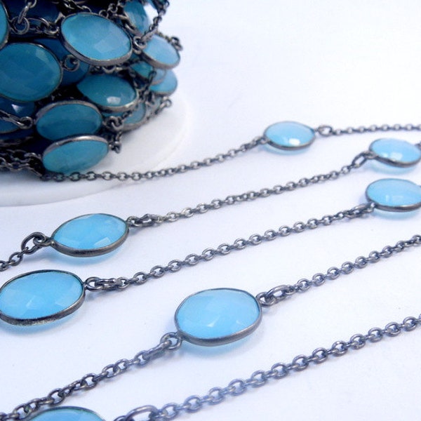 Blue Chalcedony Connectors on Oxidized Silver Link Chain-Oxidized Silver-Plated Bezel Aqua Blue Chalcedony Station Connector Chain (CHN-31)