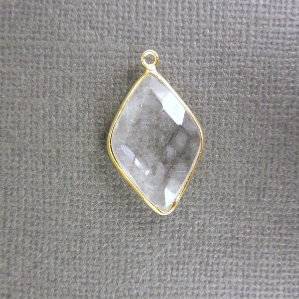 Crystal Quartz Station Diamond Charm Pendant - 15mm x 21mm Gold Vermeil Bezel Pendant (WO-24)