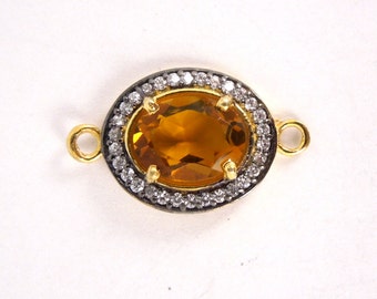 Orange Glass Faceted Oval Connector - 15mm x 12mm Gold over Sterling Rhinestone Pave Link - Double Bail Charm Pendant (S28B3-02)