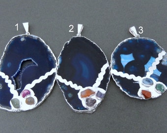 Dark Blue Agate Slice Pendant With Assorted Gemstones Silver Electroplated Edge and Bails -- You Choose  (LOT S-673)