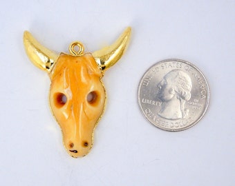 Carved Bone Buffalo Cattle Skull Pendant with 24k Gold Electroplated Trim (S14B14-01)
