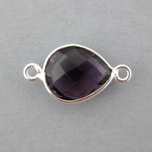 Gemstone Connector- Amethyst Station Teardrop Connector - 10mm x 12mm Sterling Silver Bezel Link Double Bail Charm Pendant (GJ-15)