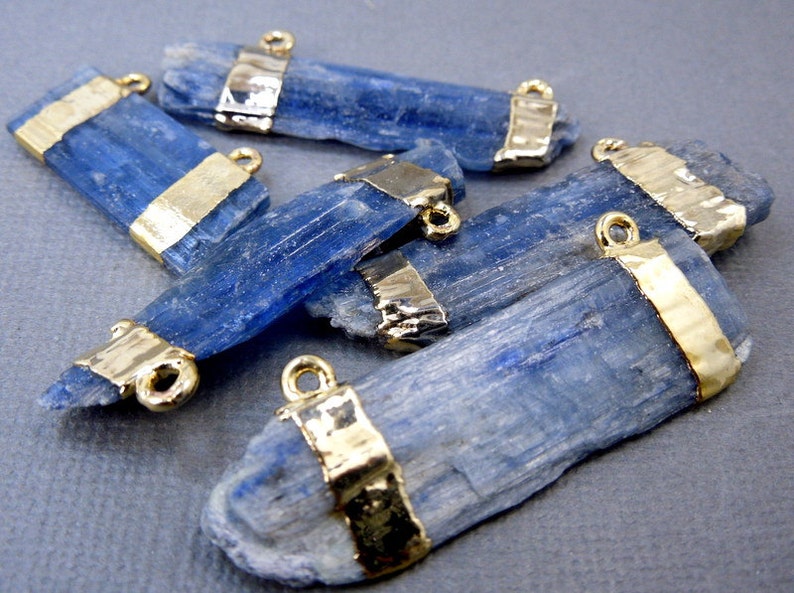 Raw Blue Kyanite Double Bail Pendant Charm with 24k Gold Electroplated Bands S2B10-08 image 2