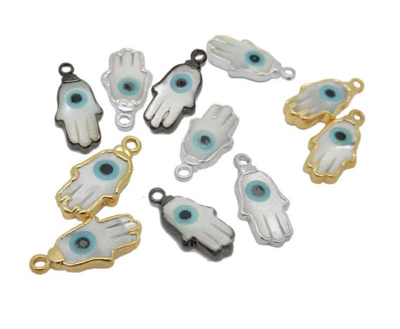 Tiny Pearl Hamsa Hand Pendant with Electroplated 24k Gold, Gun Metal, or Silver Edge and Cap (S87B18-07) (S86B12-04) (S86B19-16)