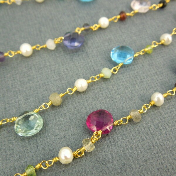 Pearl and Assorted Gemstone Wire Wrapped Beaded Gold Chain - Gold Plated Pearl Rosary Style Chain -PER FOOT (CHN-148)