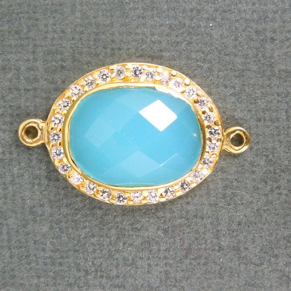 Aqua Blue Chalcedony Station Oval Connector - 20mm x 17mm Gold with Rhinestone Pave Link - Double Bail Charm Pendant (S1B20-07)