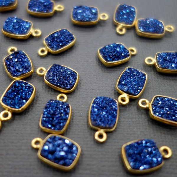 Blue Druzy Bezel 10x8mm rectangle Station Charm Gold Plated (S41B10-01)