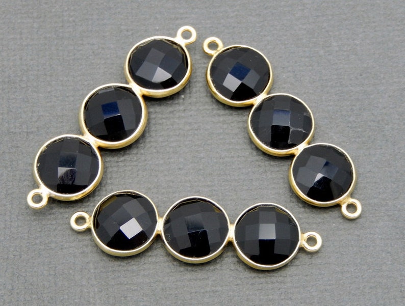 Black Onyx Triple Round Pendant Connector Three 10mm Gold Over Sterling Round Attached Bezels Double Bail Pendant S34B21-08 image 2