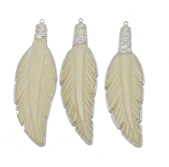 White Bone Carved Feather Pendant And Electroplated Silver - Bone Carved Feather Pendants White Bone Carved Feather Pendant And Electroplated Silver - Bone Carved Feather Pendants