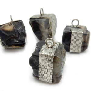 Raw Black Agate Pendant Tibetan-Style Raw Freeform Cube with Silver Toned Band S52B21-04 image 1