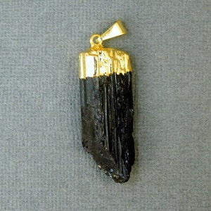 Black Tourmaline Pendant Raw Black Tourmaline Stone Rod with Gold Electroplated Cap S24B14-01 image 2