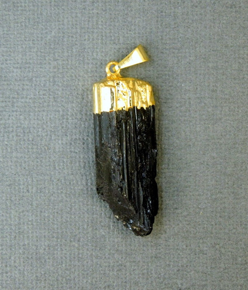 Black Tourmaline Pendant Raw Black Tourmaline Stone Rod with Gold Electroplated Cap S24B14-01 image 2
