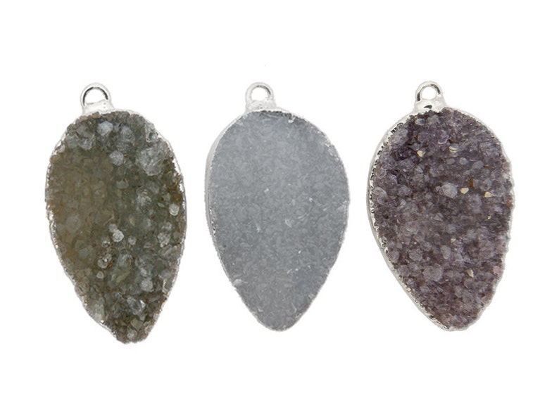S87B9-02 Teardrop Druzy Pendant with Electroplated Silver Edge
