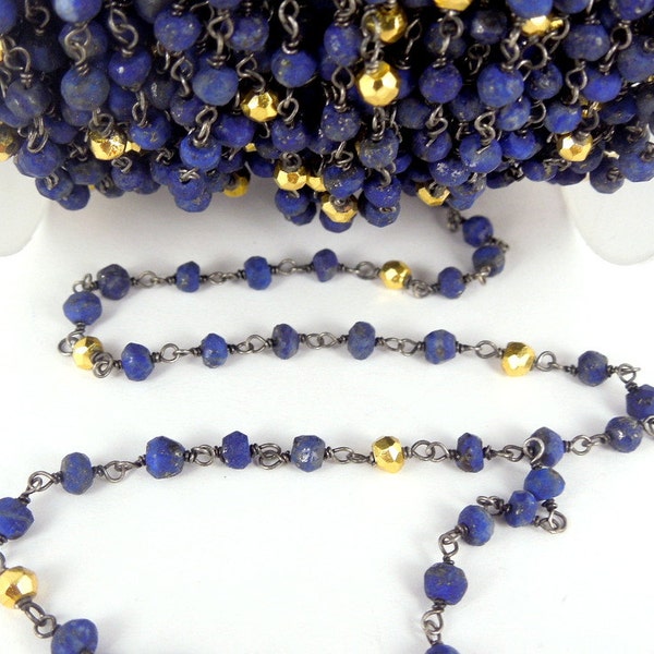 Lapis Lazuli and Gold Pyrite Wire-Wrapped Chain-- Rosary style Black Polish Sterling Silver Chain-- PER FOOT (CHN-183)