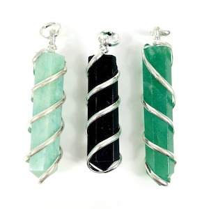 Gemstone Pencil Point Spiral Wrapped Pendants in Silver Toned Bail (S16)