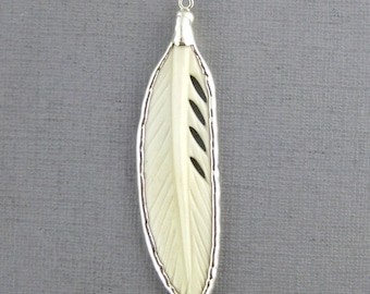 Feather Pendant made from Carved Bone with Silver Electroplated Trim (S2B9-03)
