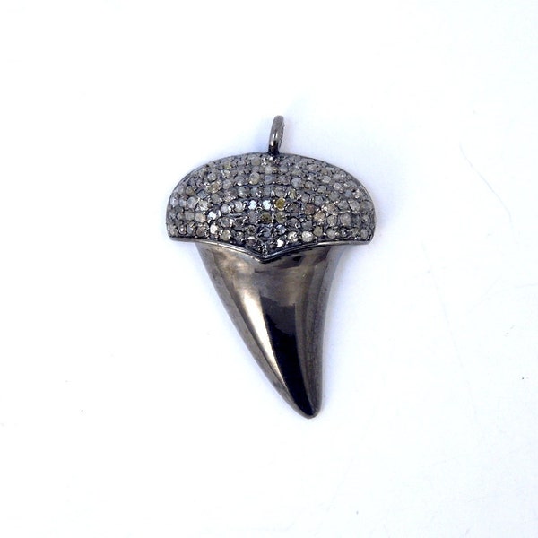 Pave Diamond Oxidized Sterling Silver Shark Tooth Pendant with Pave Diamond Cap (EX1-09)