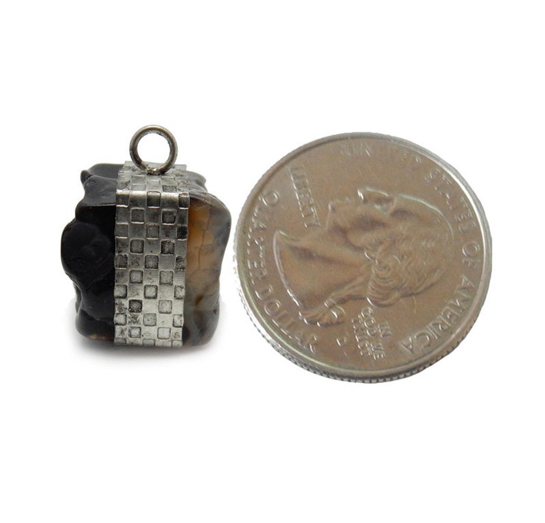 Raw Black Agate Pendant Tibetan-Style Raw Freeform Cube with Silver Toned Band S52B21-04 image 3