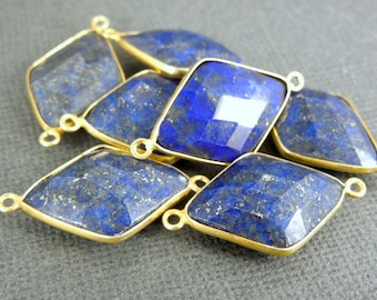 Conector de moldura - Conector de diamante de estação lápis-lazúli - 15 mm x 21 mm em ouro vermeil moldura link - pingente de pingente de fiança dupla (WO-19)