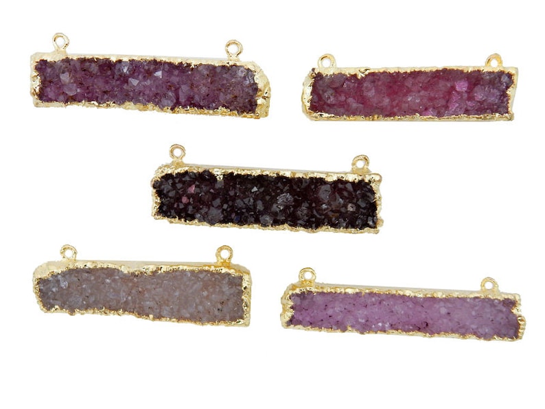 Pink Druzy Rectangle Bar Double Bail Connector Pendant with 24k Gold Electroplated Edges S94b11-07