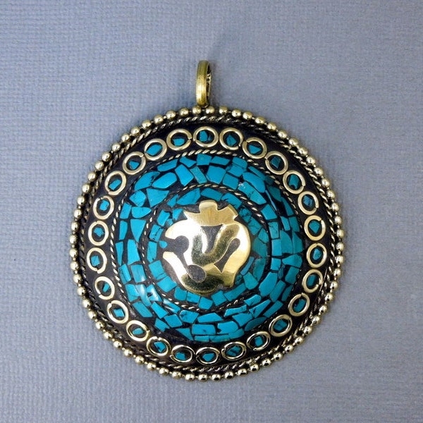 Tibetan Pendant - LARGE Tibetan Brass and Turquoise Mosaic Round Pendant with OM Symbol (S55B7-01)