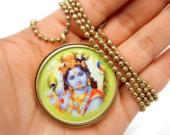 LARGE Krishna Hindu Goddess Brass 31" Necklace (S56b6)