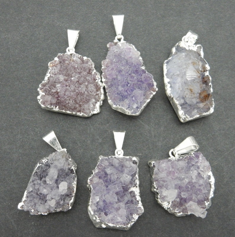 5 Druzy Pendants Freeform Purple Druzy Pendant with Electroplated Silver Edge Small DDZ S100B20-02 BULK LOT Of 5