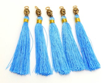 Tassel Pendant -- Long Blue Tassel Pendant with 24k Gold Plated Buddha Cap -- (S71B3-03)