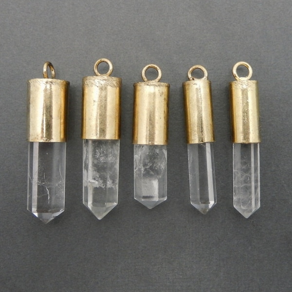 Crystal Quartz Point Pendant Charm with Brass Cap and Bail (S29B4)