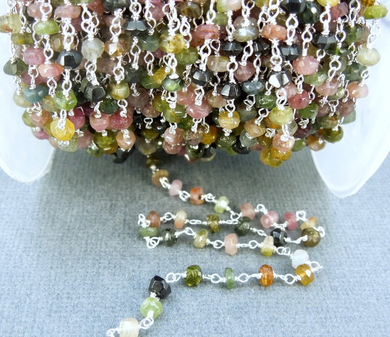 Tourmaline Wire Wrapped Chain 4mm Tourmaline with Sterling Silver Wire Wrap Rosary Style beaded Chain BY FOOT CHN-288