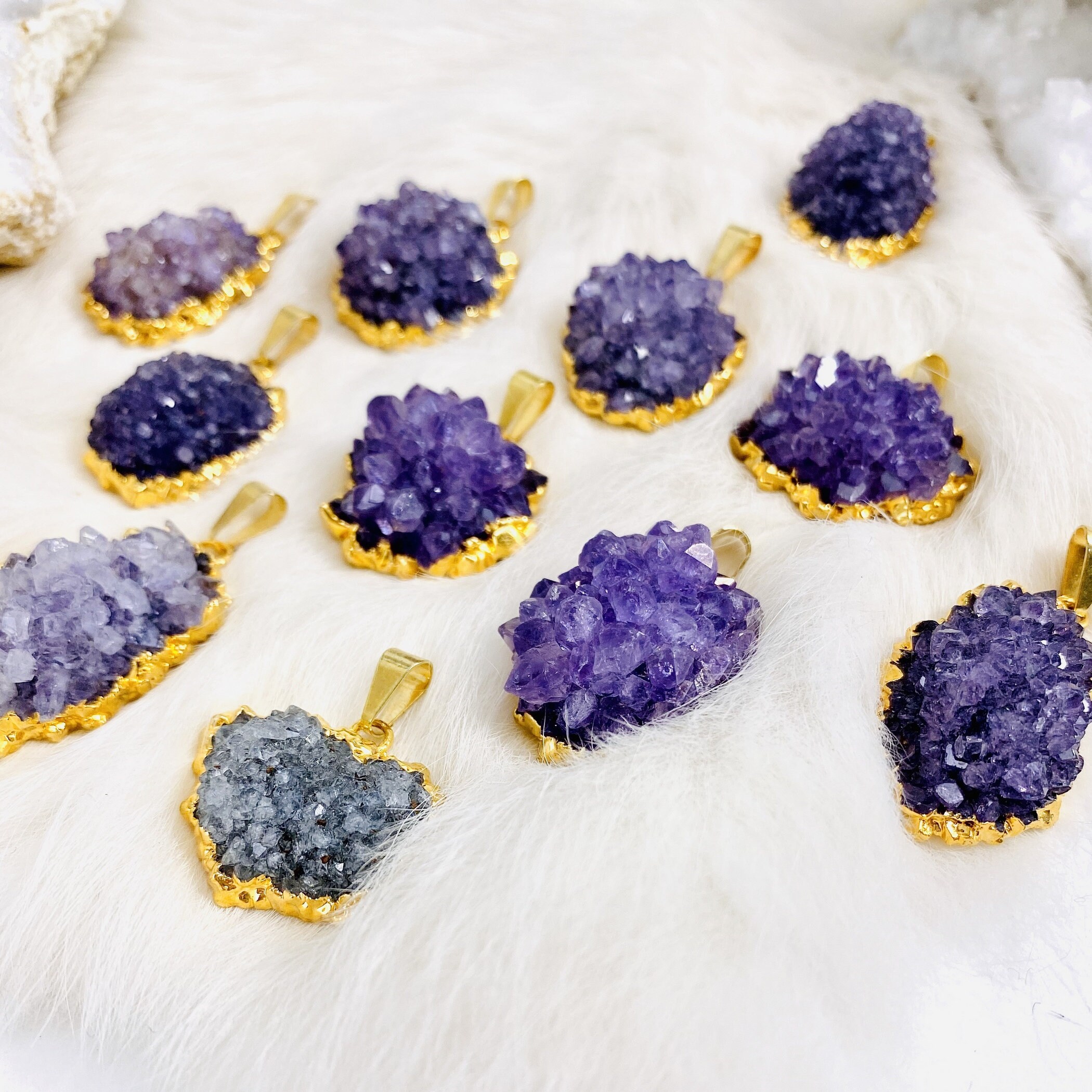 Amethyst Flower Cluster Pendant With 24k Gold Electroplated