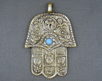 Tibetan-style Hamsa Hands Pendant Brass with Turquoise Colored stone (S73B4-01)