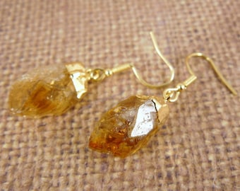 Citrine Quartz Crystal Point Earrings - Lovely Gemstone Earrings - Gold plated S12B6-03