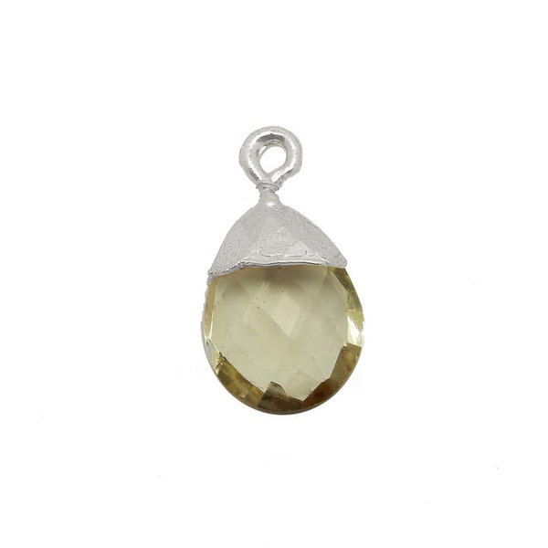 Petite Lemon Quartz Gemstone Teardrop Briolette Pendant with Electroplated Silver Cap and Bail (S17B1-02) bgt