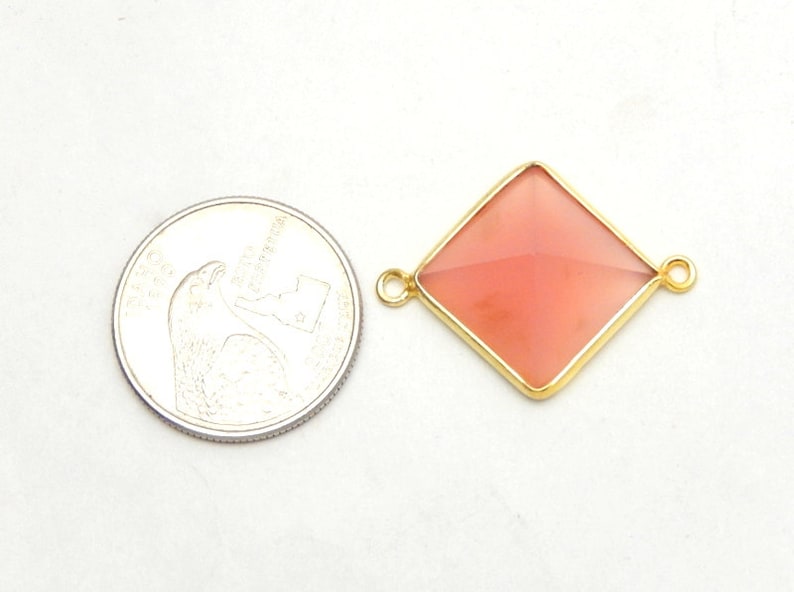 16mm Gold over sterling Bezel Link Charm Double Bail Pendant Pink Chalcedony Station Pyramid Pendant Connector S34B8-04