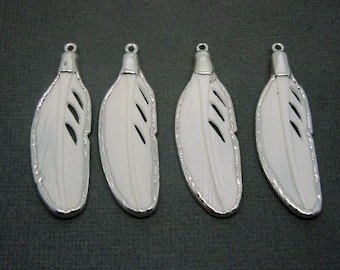 Petite Feather Pendant made from Carved Bone with  Silver Electroplated Trim (S2B9-07)