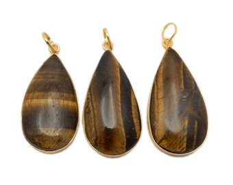 Tiger Eye Teardrop Gemstone Pendant set in a Gold Plated Bezel (S113B6-12)